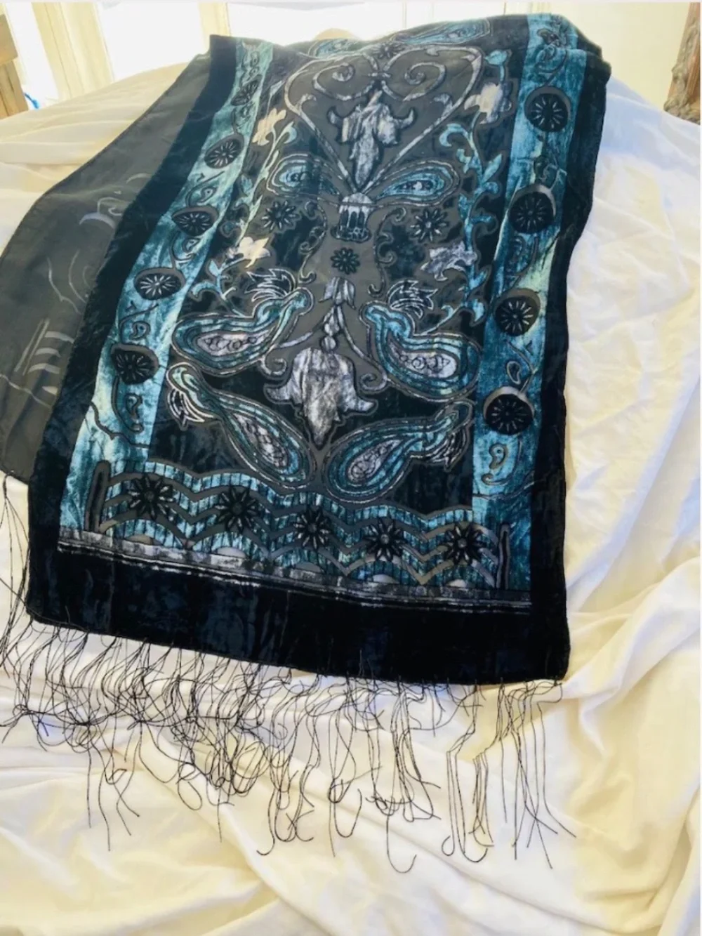 Beautiful Art Deco Velvet Scarf, Teal, Black, Semi Sheer, Burn out, Fringed